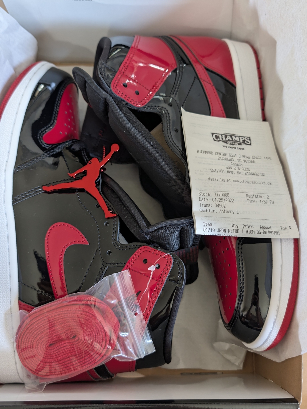 Jordan 1 Patent Bred Leather High-Top Sneakers in Black & Red